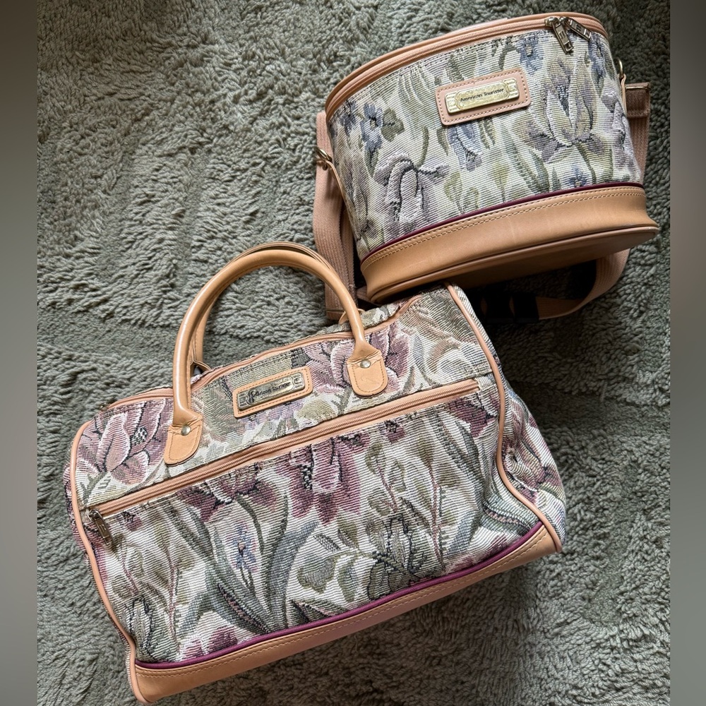 Vintage Floral Tapestry American Tourister Train Case & Duffel Bag Set